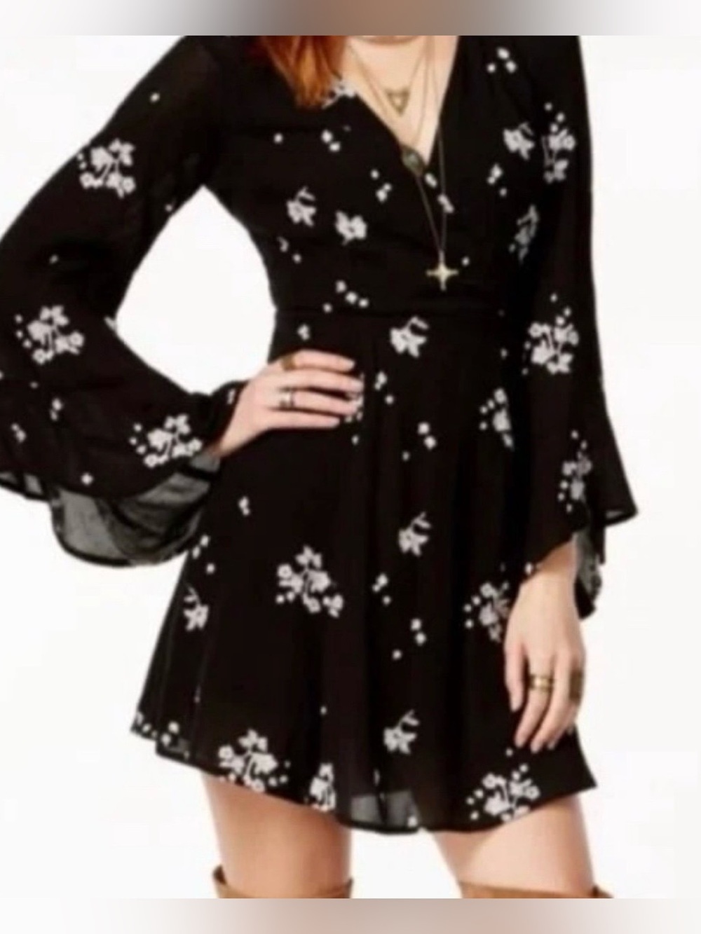 Free People Jasmine Floral Embroidered Dress Bell Sleeve Boho Black/White